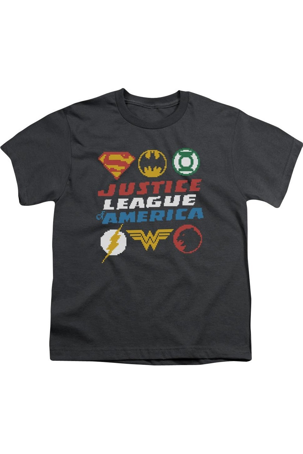 

Футболка с коротким рукавом для подростков с пиксельными логотипами Justice League of America Gildan, Charcoal
