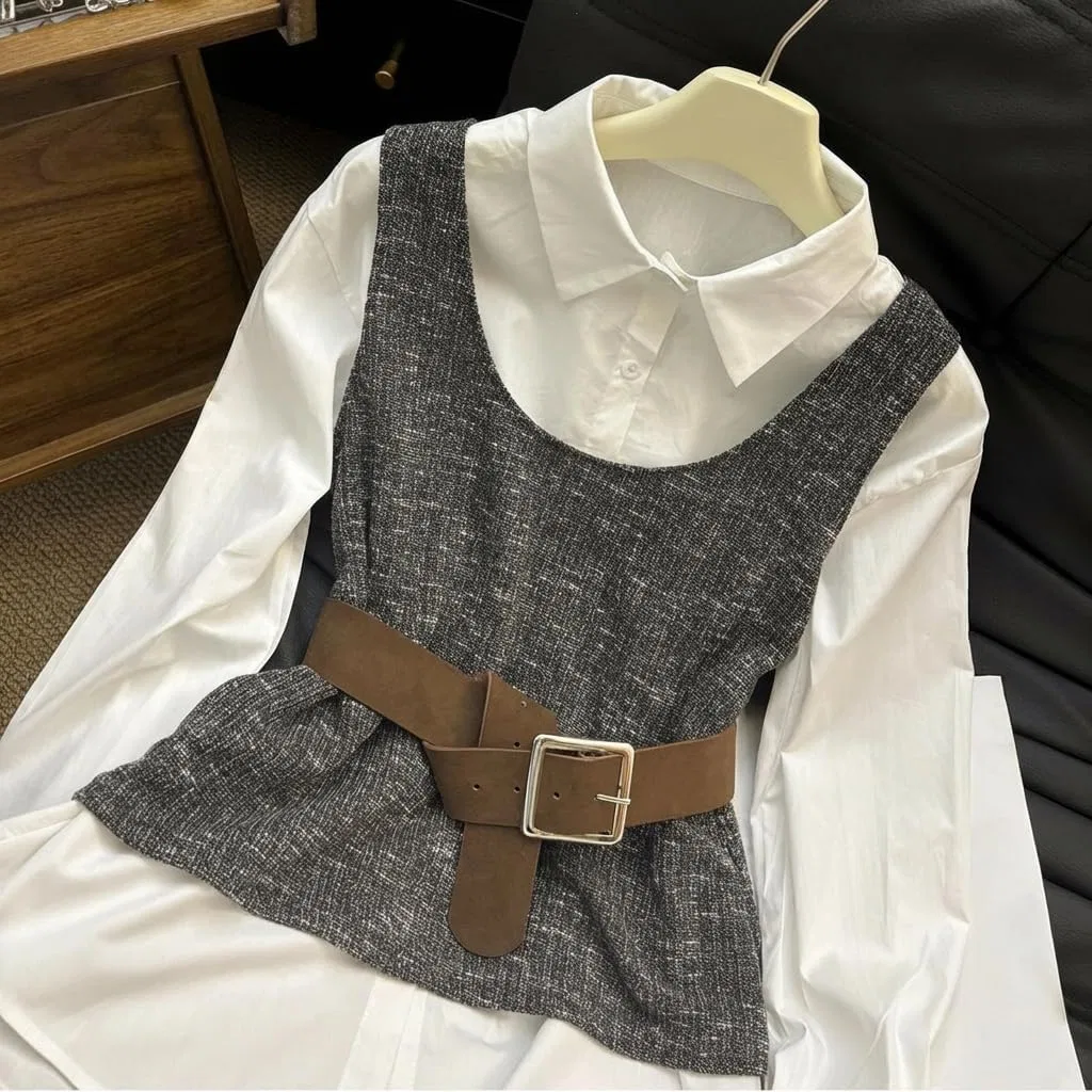 Блуза с жилетом и поясом, 3-предметный сет, ретро, charcoal gray — фото 4