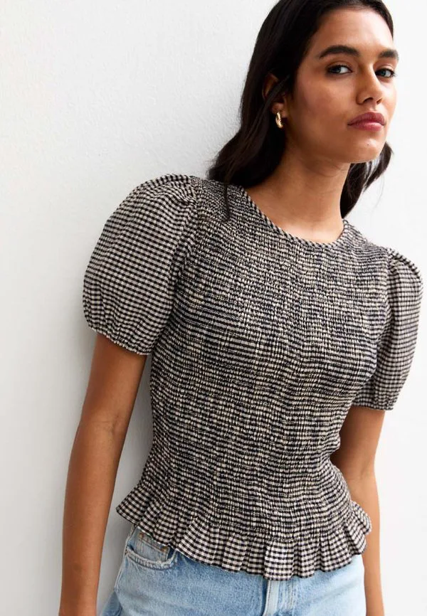 

Блузка в клетку с присборенными рукавами-фонариками New Look, Black Pattern