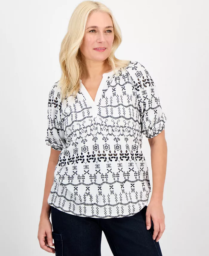 

Женская блузка с кружевными вставками и разрезом на горловине Style & Co, белый
