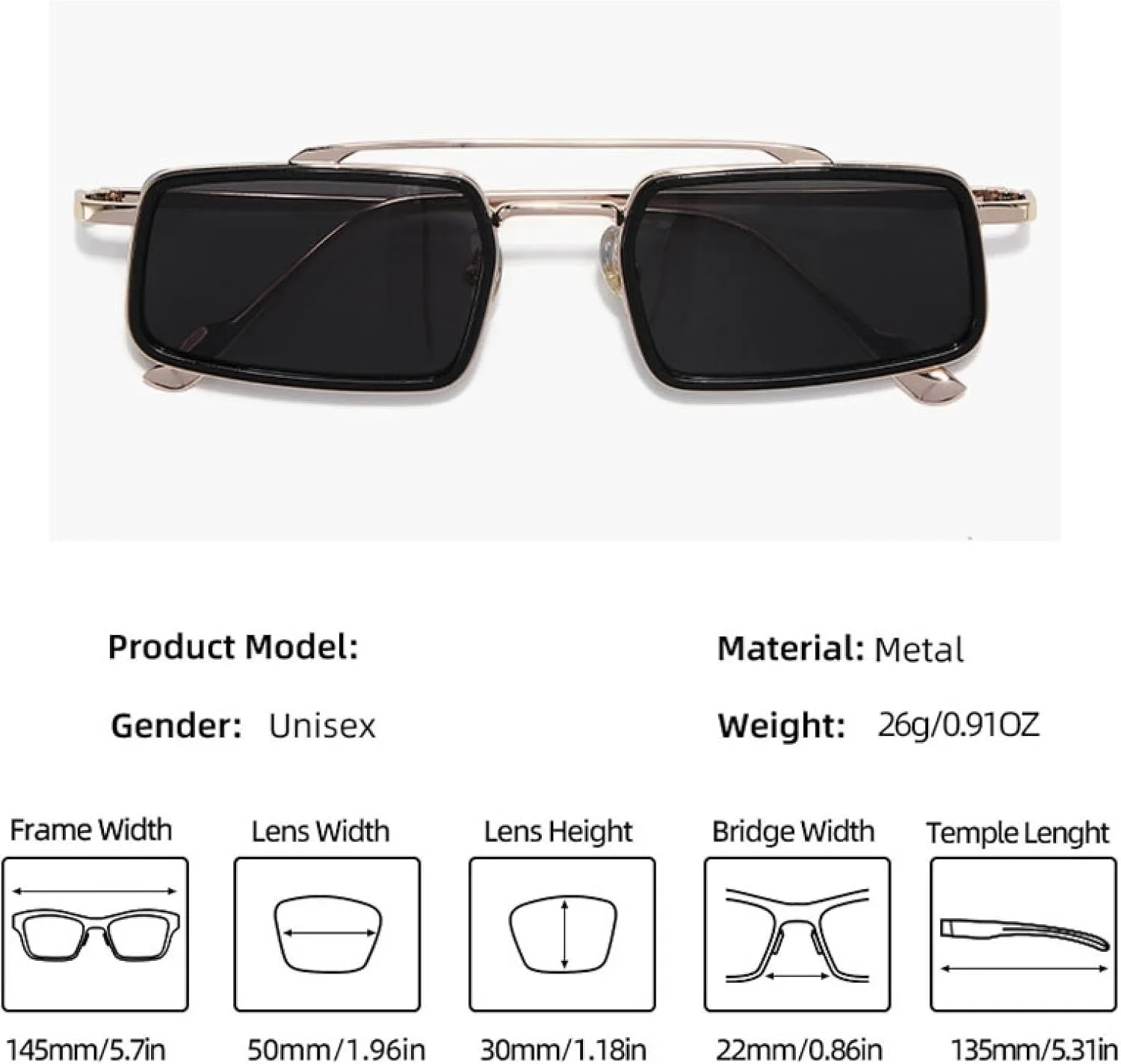 

Модные панк-солнцезащитные очки с двойной перемычкой, трендовые маленькие прямоугольные солнцезащитные очки с защитой от УФ-излучения UV400 TKKTLLT, Silver Grey