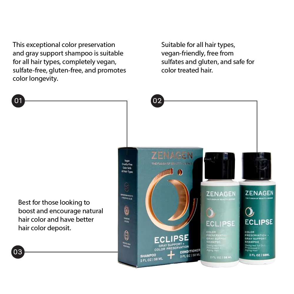 ZENAGEN Eclipse Color Preservation + Gray Support шампунь для усиления цвета волос, уменьшения седины, питания и укрепления стареющих волос, растительный, безопасный для окрашенных волос, для всех типов волос 200 мл (.) — фото 4