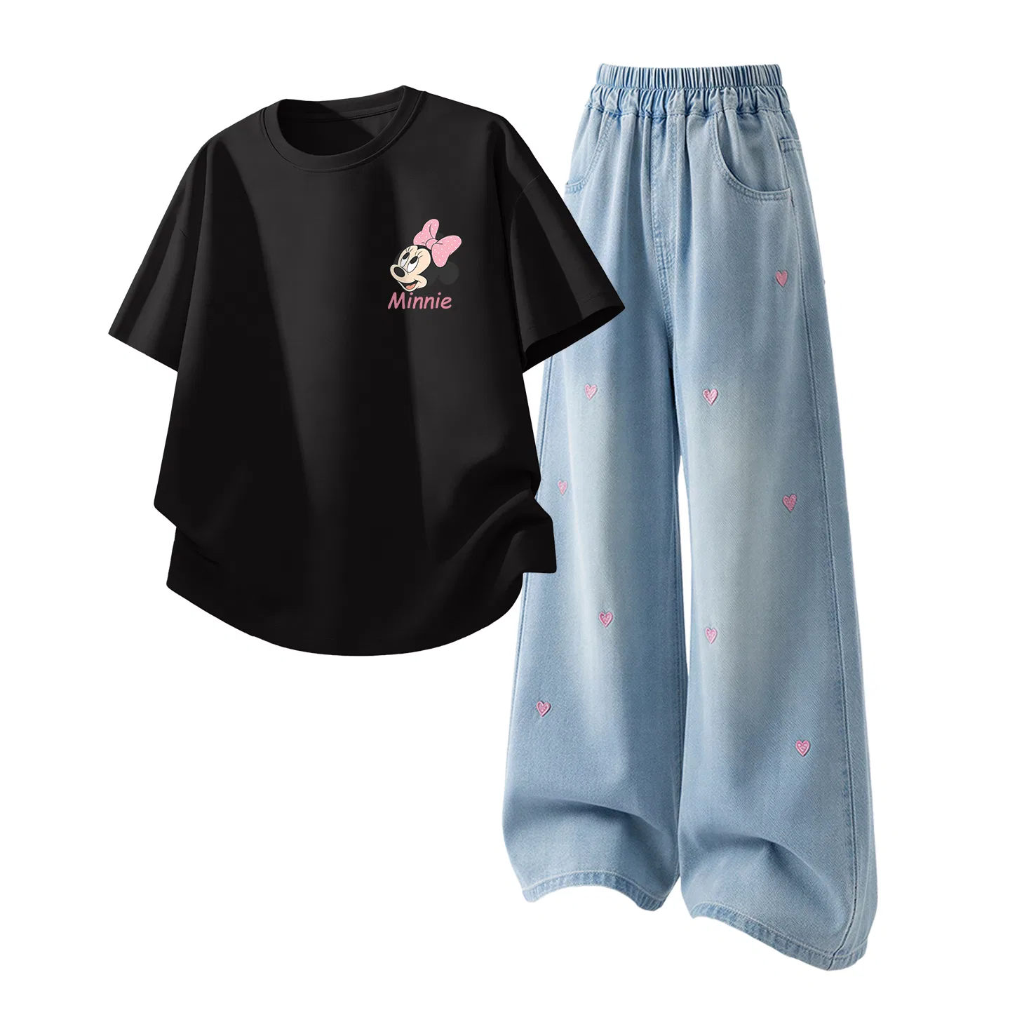 Детская повседневная спортивная футболка с круглым вырезом Disney, D Surprise K Black+Solid Color Denim Light Blue
