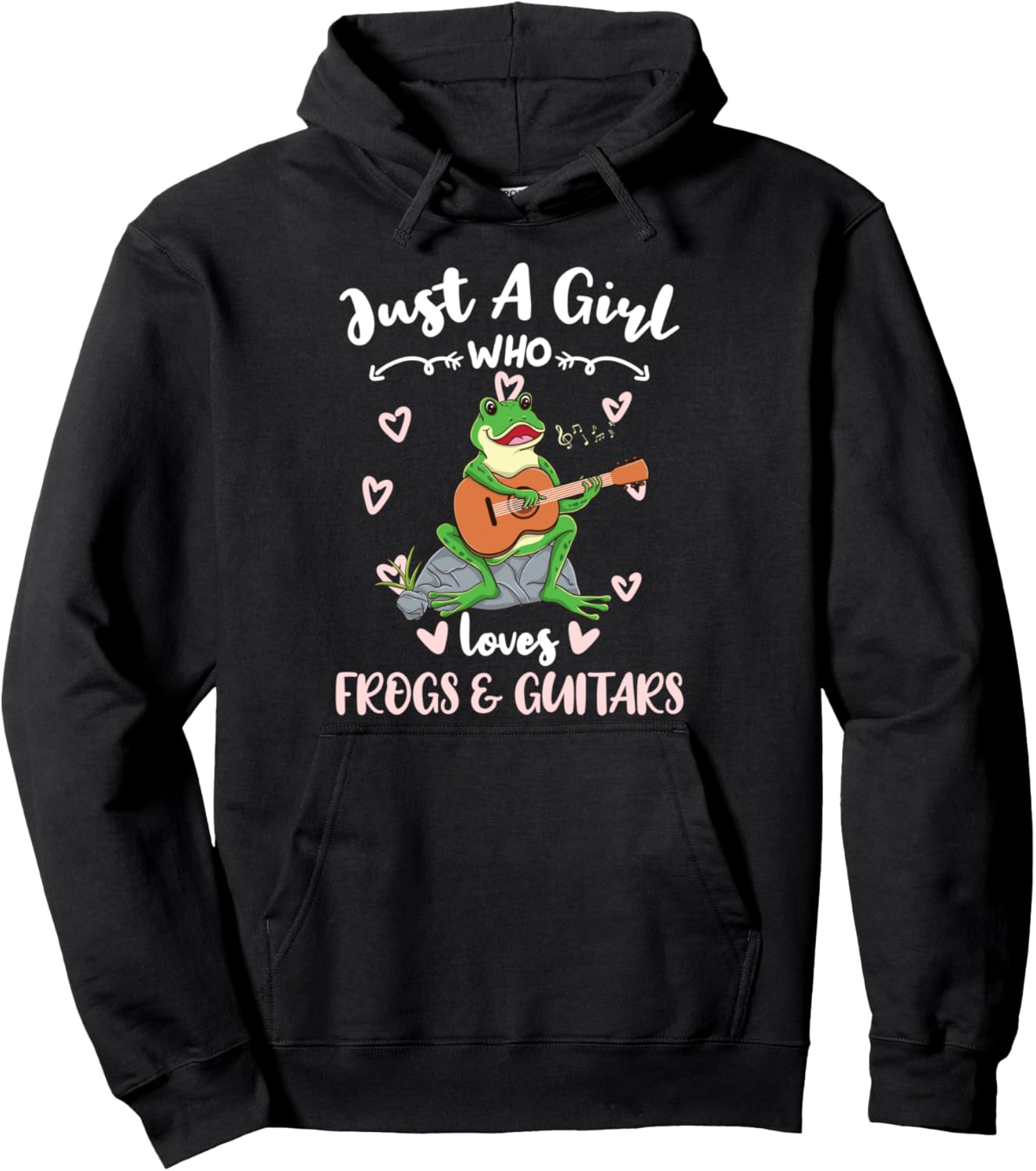 

Худи с надписью Лягушки и девушки с гитарами A Girl Who Likes Frogs And Guitars, черный