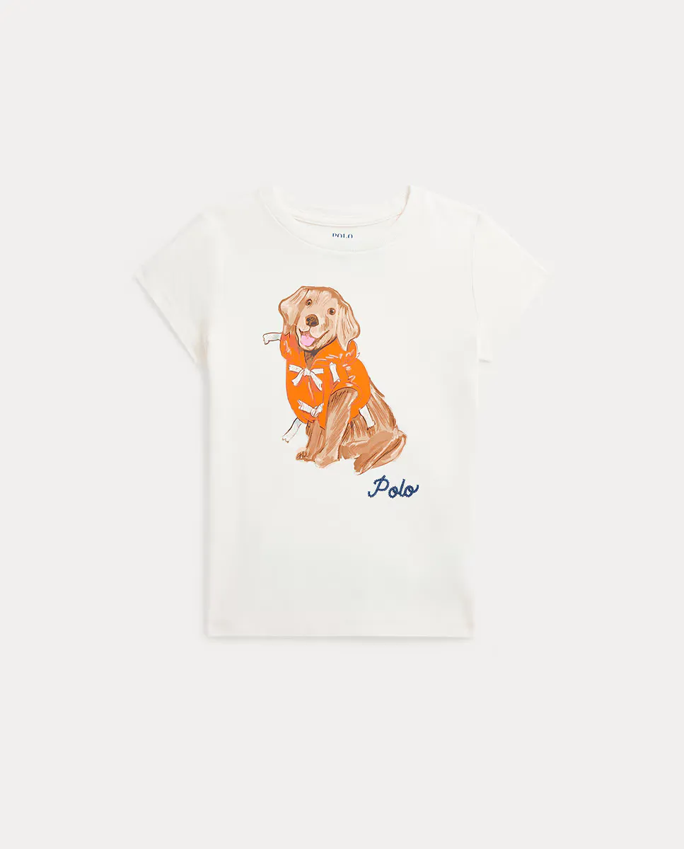 

Хлопковая футболка для девочки со щенком Polo Ralph Lauren, белый