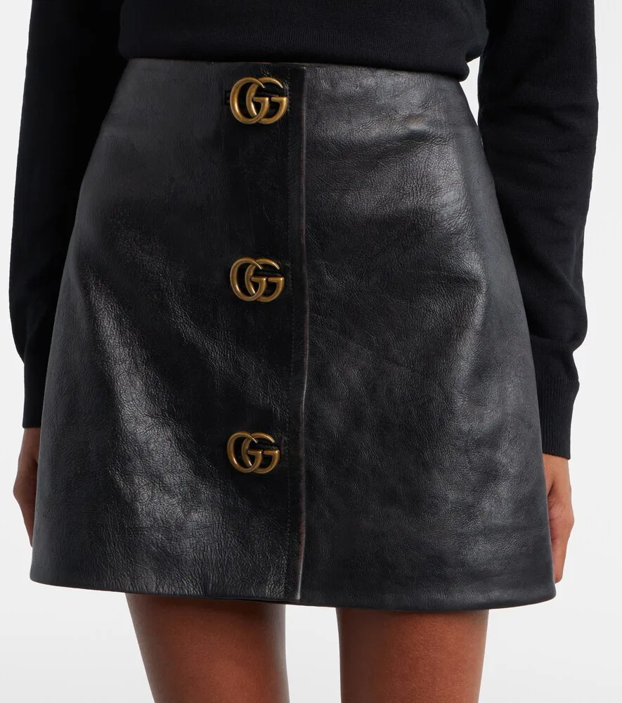 Мини-юбка Gucci Double G, кожаная, черный — фото 4
