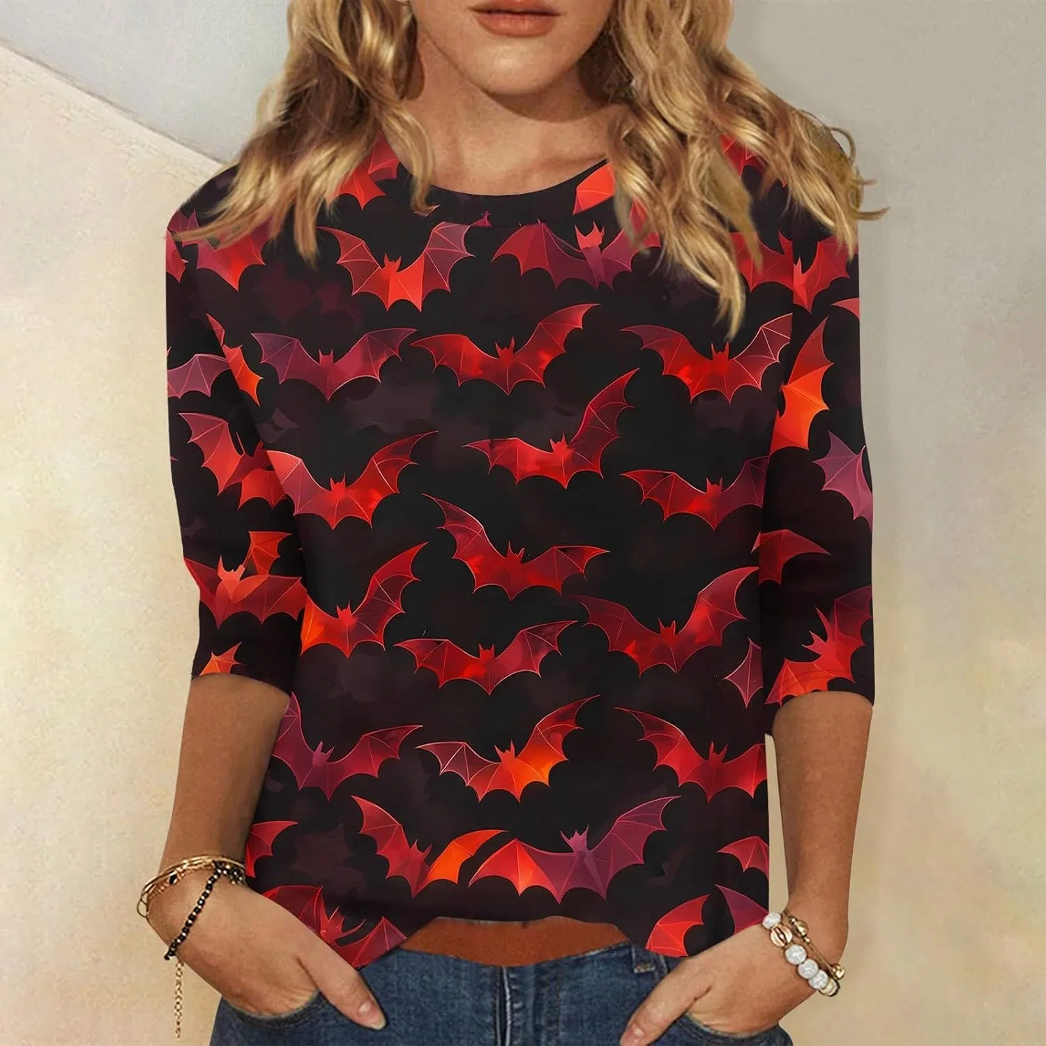 Блуза с 3/4 рукавом, Women's Halloween Print, 3-deep Red — фото 2