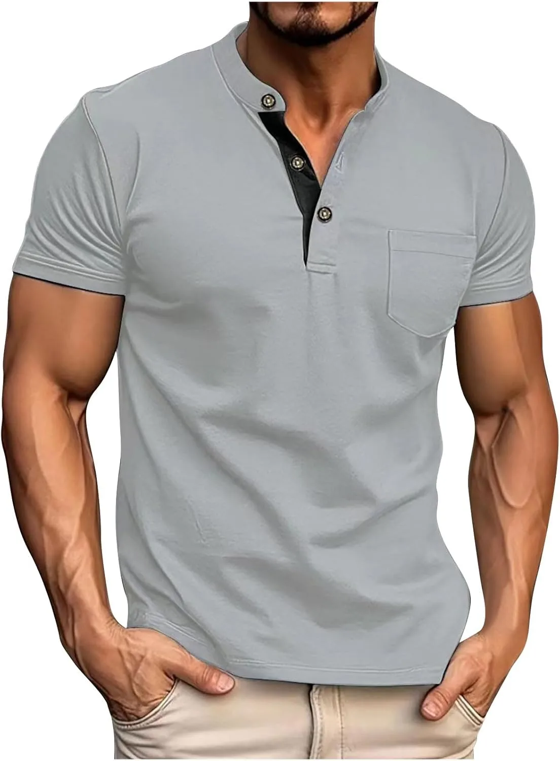 

Мужская футболка Henley с коротким рукавом, воротником-стойкой и карманом FZYLQY