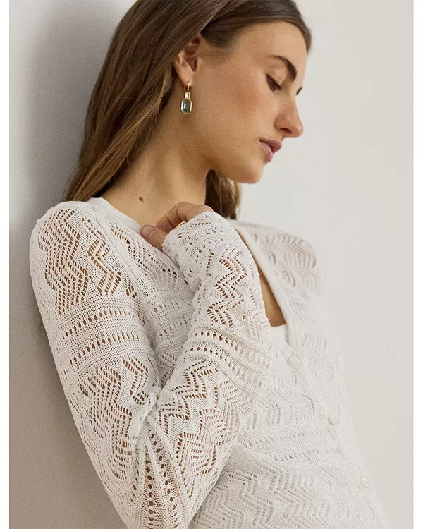 Кардиган с V-образным вырезом из ажурной льняной смеси Ralph Lauren, White — фото 4