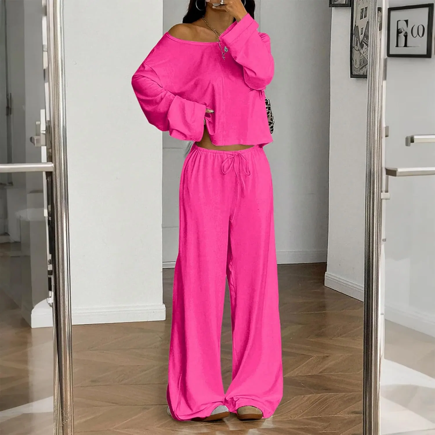 Женский спортивный костюм из толстовки и широких брюк, Hot Pink — фото 2