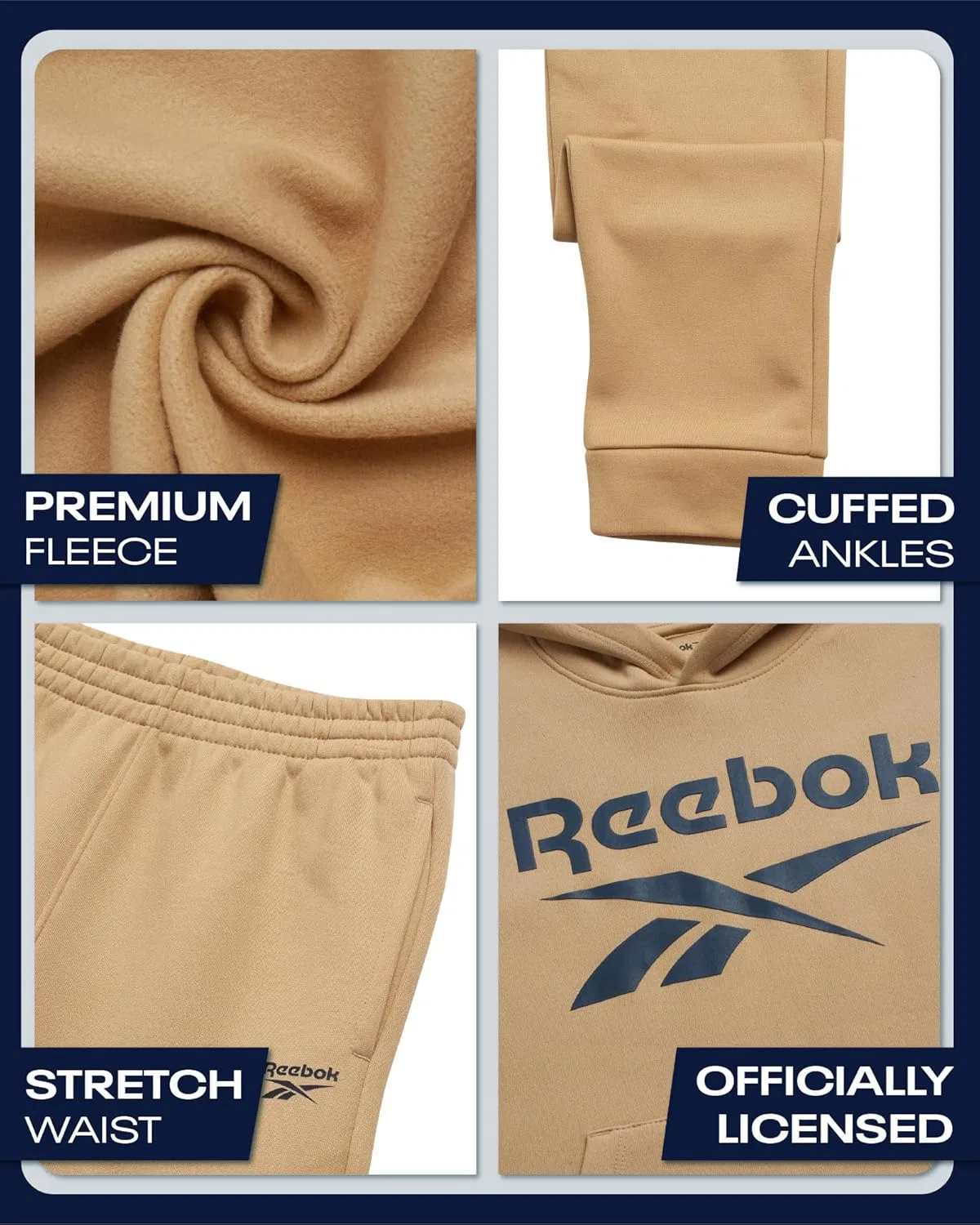 Детский спортивный костюм Reebok, 2 предмета: флисовая худи и спортивные штаны, Utility Beige Stone — фото 3