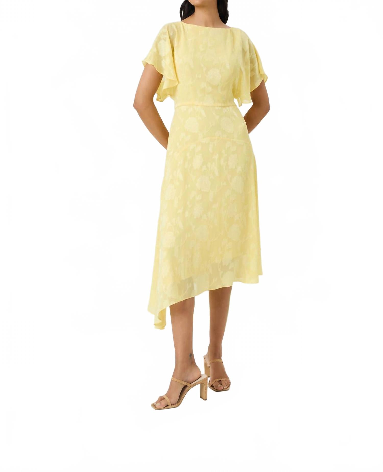 

Желтое миди-платье с цельнокроеным рукавом-фонариком и асимметричным подолом Maggy London