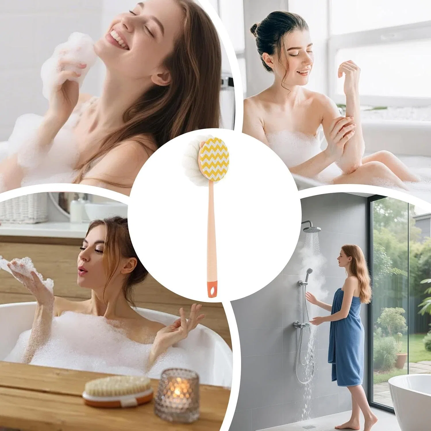 Двусторонняя щетка для душа с длинной ручкой и люфой Generisch, Pink — фото 4