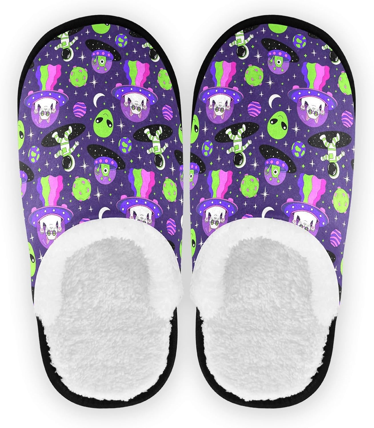 

Тапочки JHKKU для женщин и мужчин, пушистые домашние тапочки, теплые, с противоскользящей подошвой, уютные для дома и путешествий, Cat Alien Astronauts