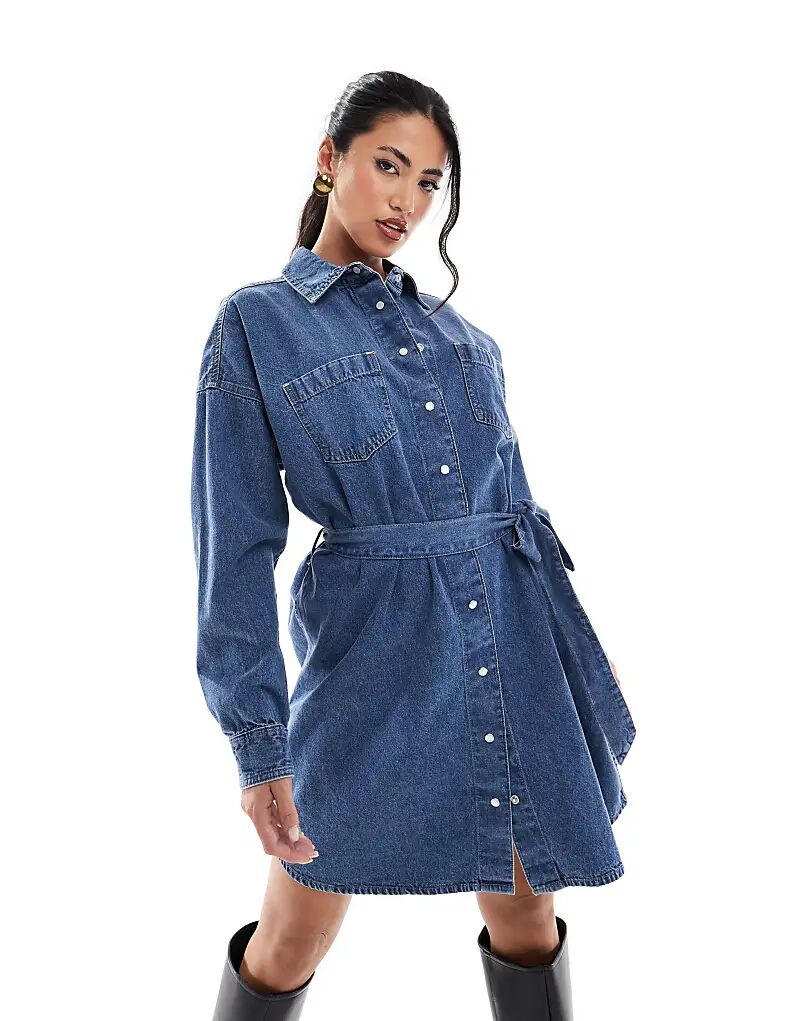 

Мини-платье-рубашка с поясом синего цвета River Island