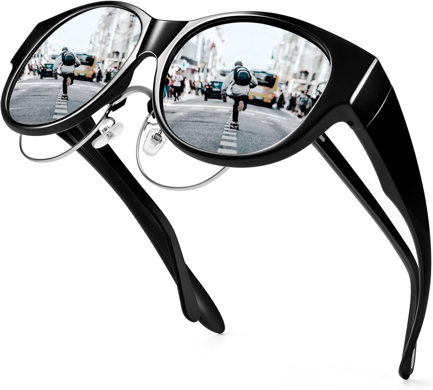 

Солнцезащитные очки URUMQI для женщин, надеваемые поверх обычных очков, поляризованные, с защитой UV400, круглые, «кошачий глаз», A21 Glossy Black Frame/Silver Mirrored Lens