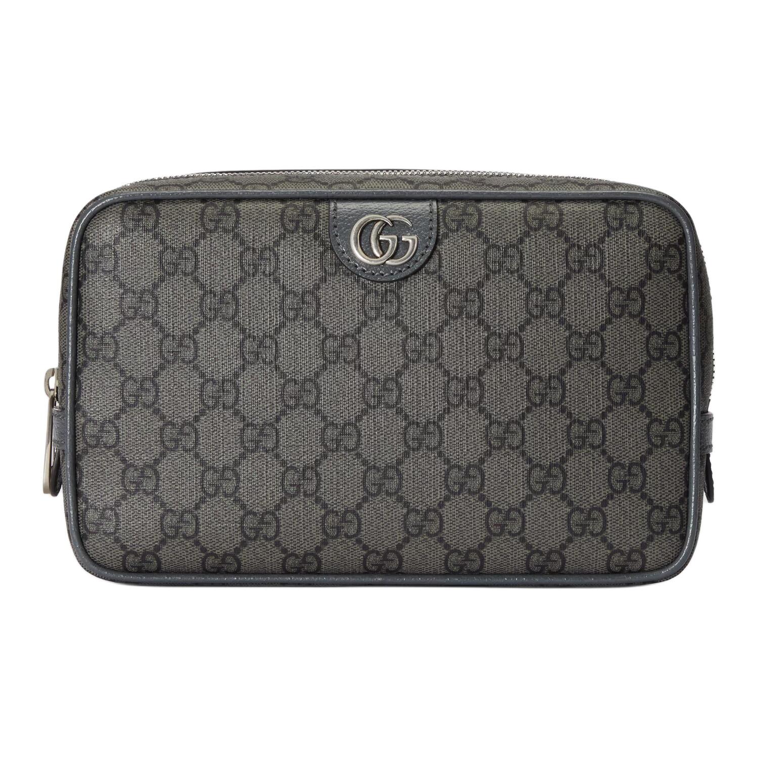 

Gucci Мужская косметичка Ophidia из канваса с кожаным ремешком, серо-черная