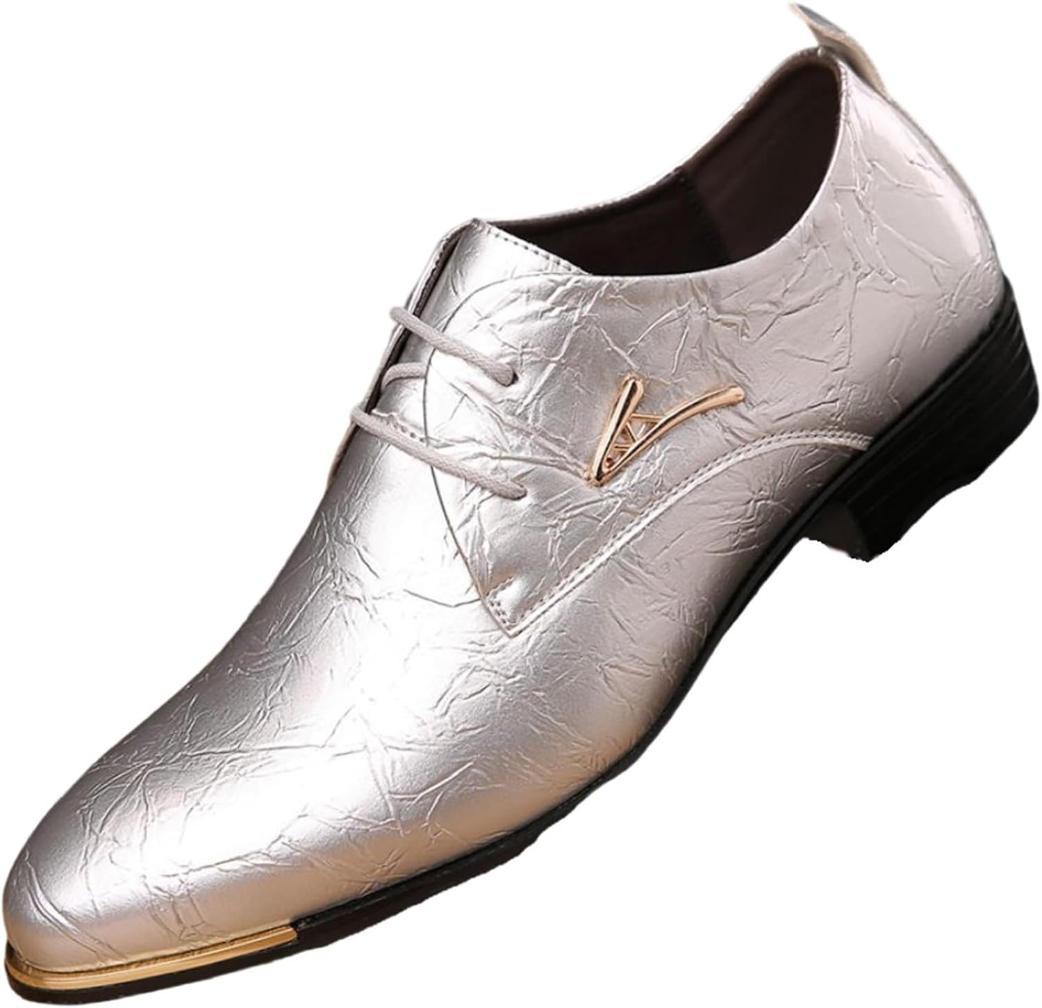 

Мужские оксфорды из лакированной кожи с массивным каблуком, резиновой подошвой, шнуровкой, с круглым носком, для деловых, формальных мероприятий, выпускного, дерби, повседневной ходьбы Generic, серебро