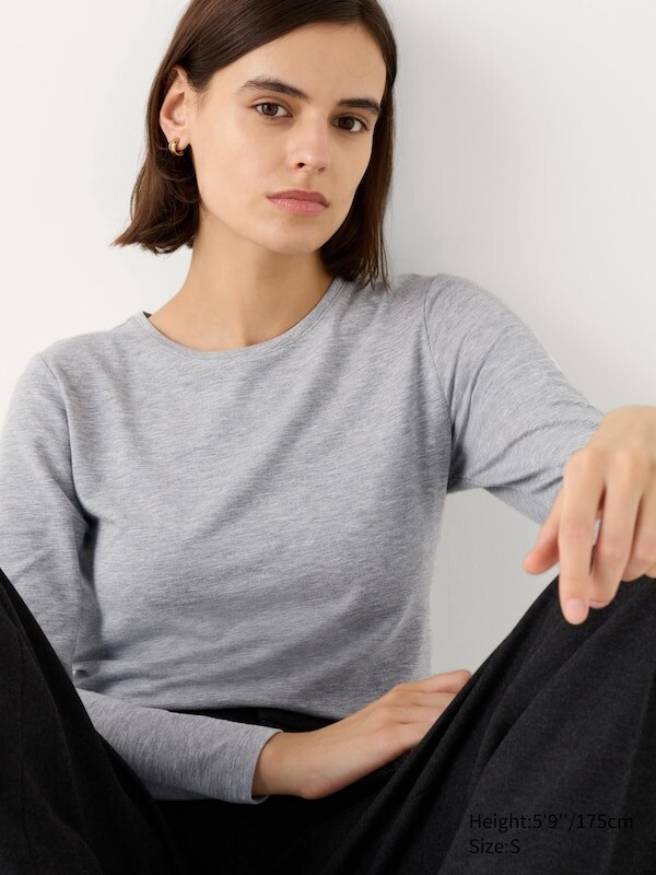 

Очень теплая хлопковая футболка с круглым вырезом heattech Uniqlo, серый