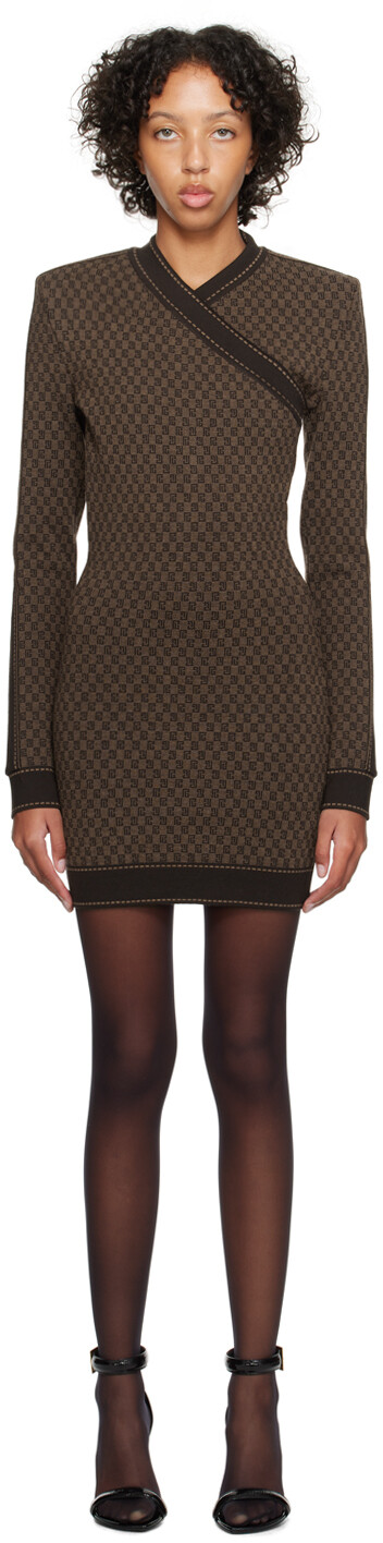 

Коричневое мини-платье Balmain Mini с монограммой, Коричневый, Коричневое мини-платье Balmain Mini с монограммой