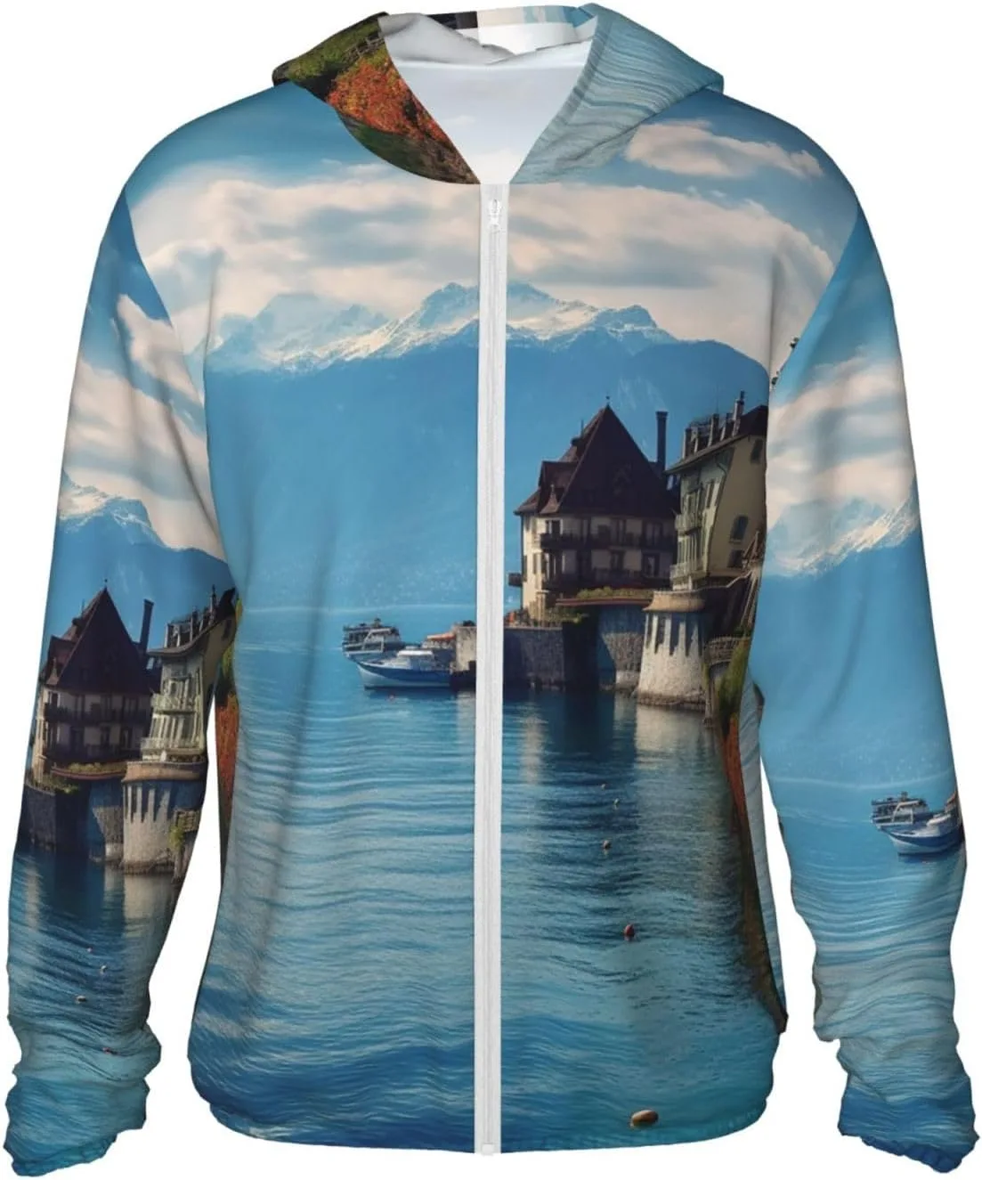 

Толстовка с защитой от солнца, длинные рукава, молния, принт Lake Geneva Switzerland, карманы VTCTOASY