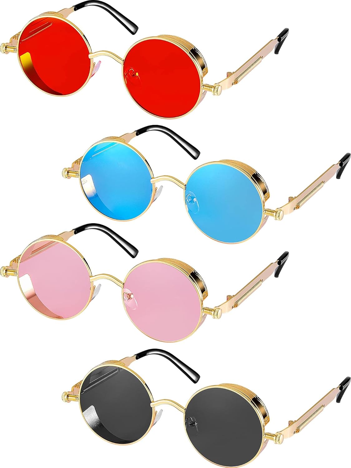 

Frienda 4 штуки ретро-солнцезащитных очков в стиле стимпанк, винтажные готические круглые солнцезащитные очки, круглые очки в стиле стимпанк для Рождества, для женщин и мужчин, Pink, Blue, Red, Black