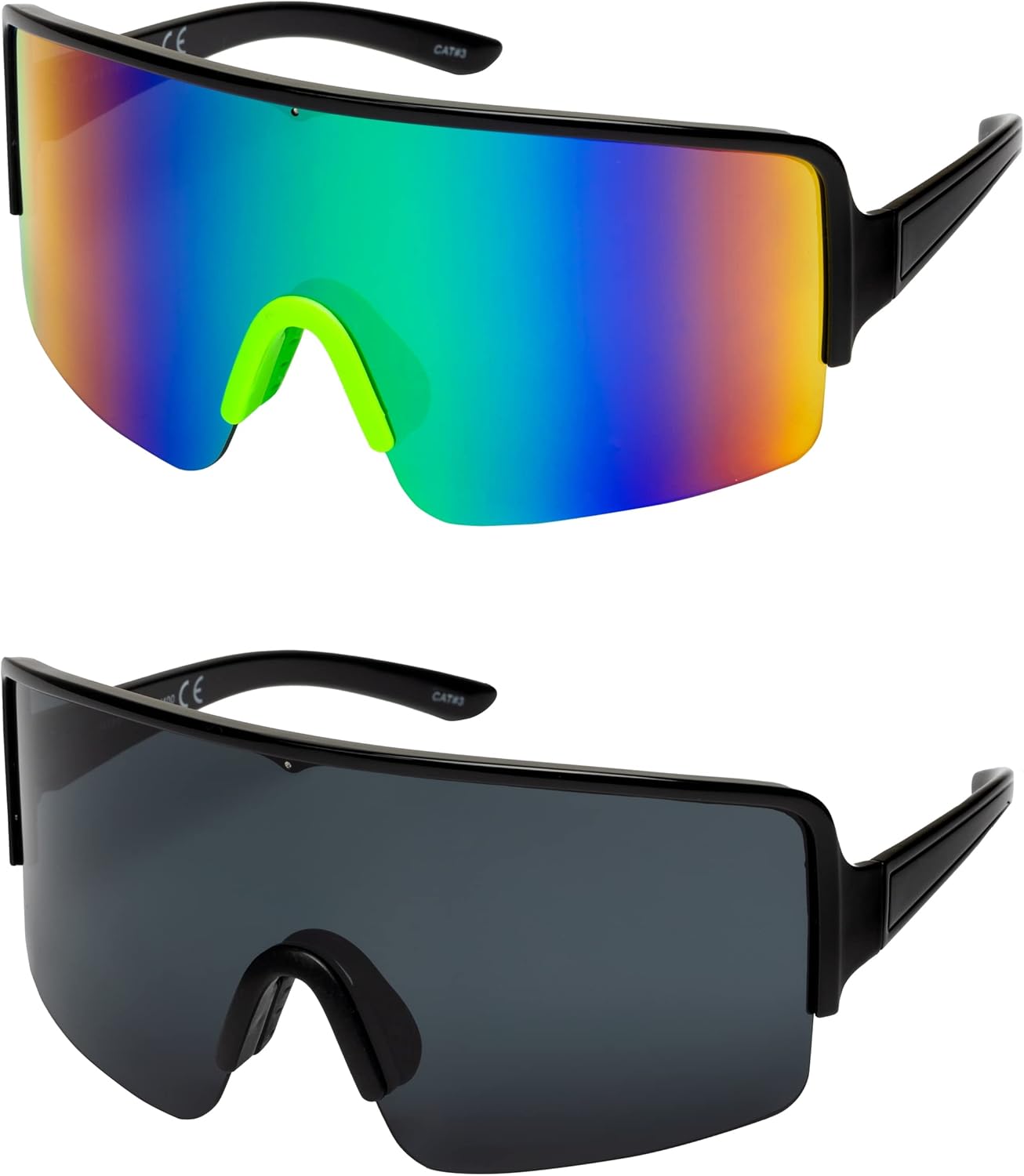 

Большие зеркальные солнцезащитные очки в стиле ретро, ​​светоотражающие, неполяризованные, винтажные солнцезащитные очки-козырьки 80-х и 90-х годов, для женщин и мужчин FLAWLESS EYEWEAR, 2 Pack: Black/Green