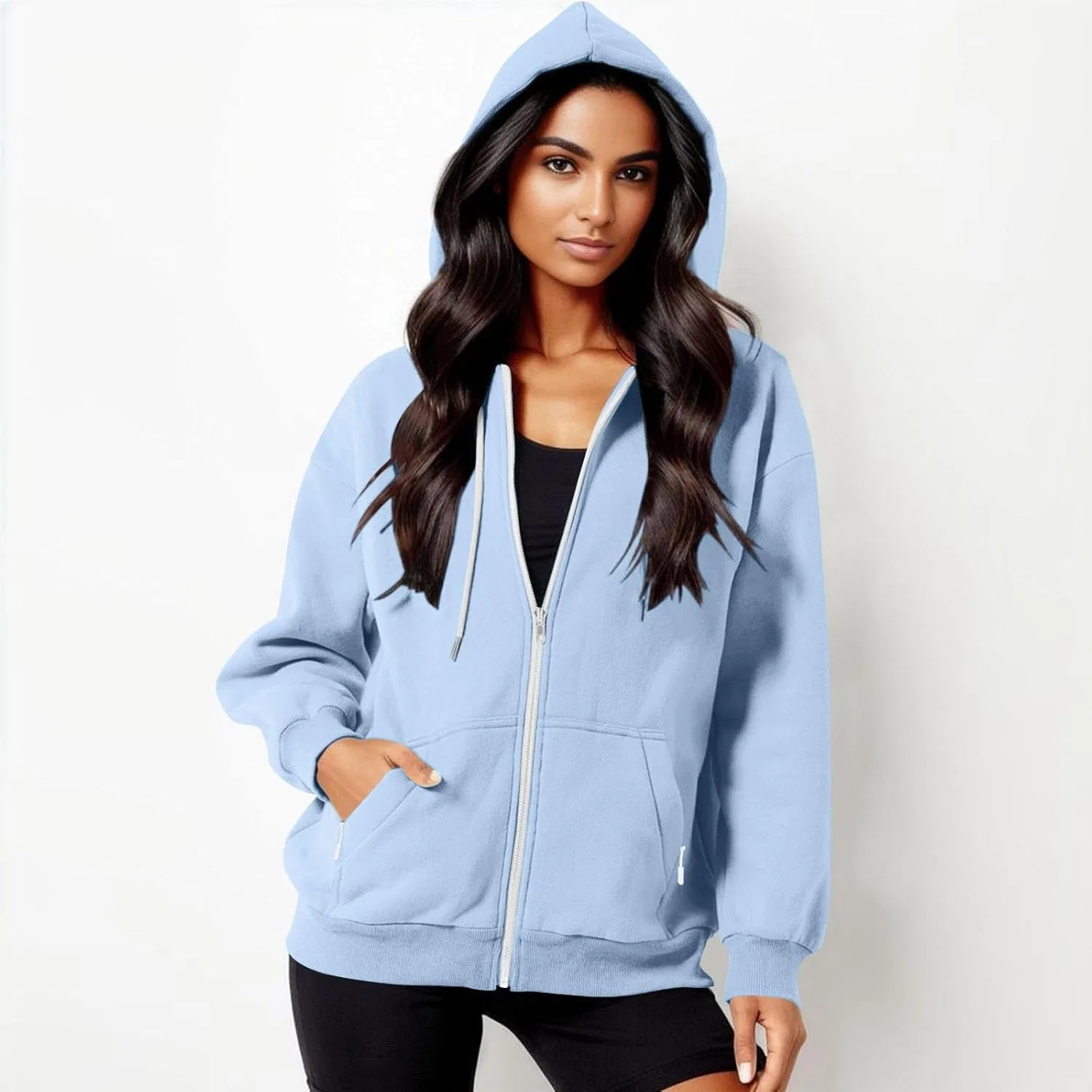 Женская флисовая куртка с капюшоном на молнии, оверсайз, 04-light Blue — фото 2
