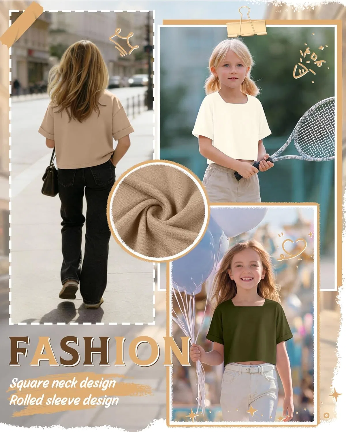 Детские топы оверсайз с квадратным вырезом, 3 шт, LessonZoo, Khaki, Cream, Army Green — фото 3