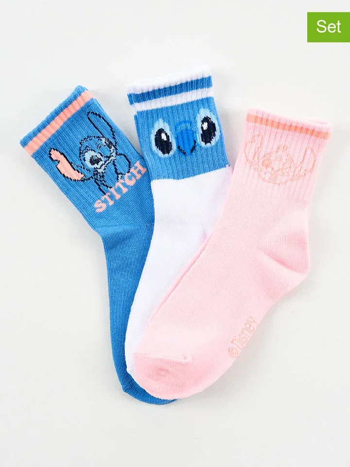 Носки, 3 пары, Lilo & Stitch, розовый/белый/голубой