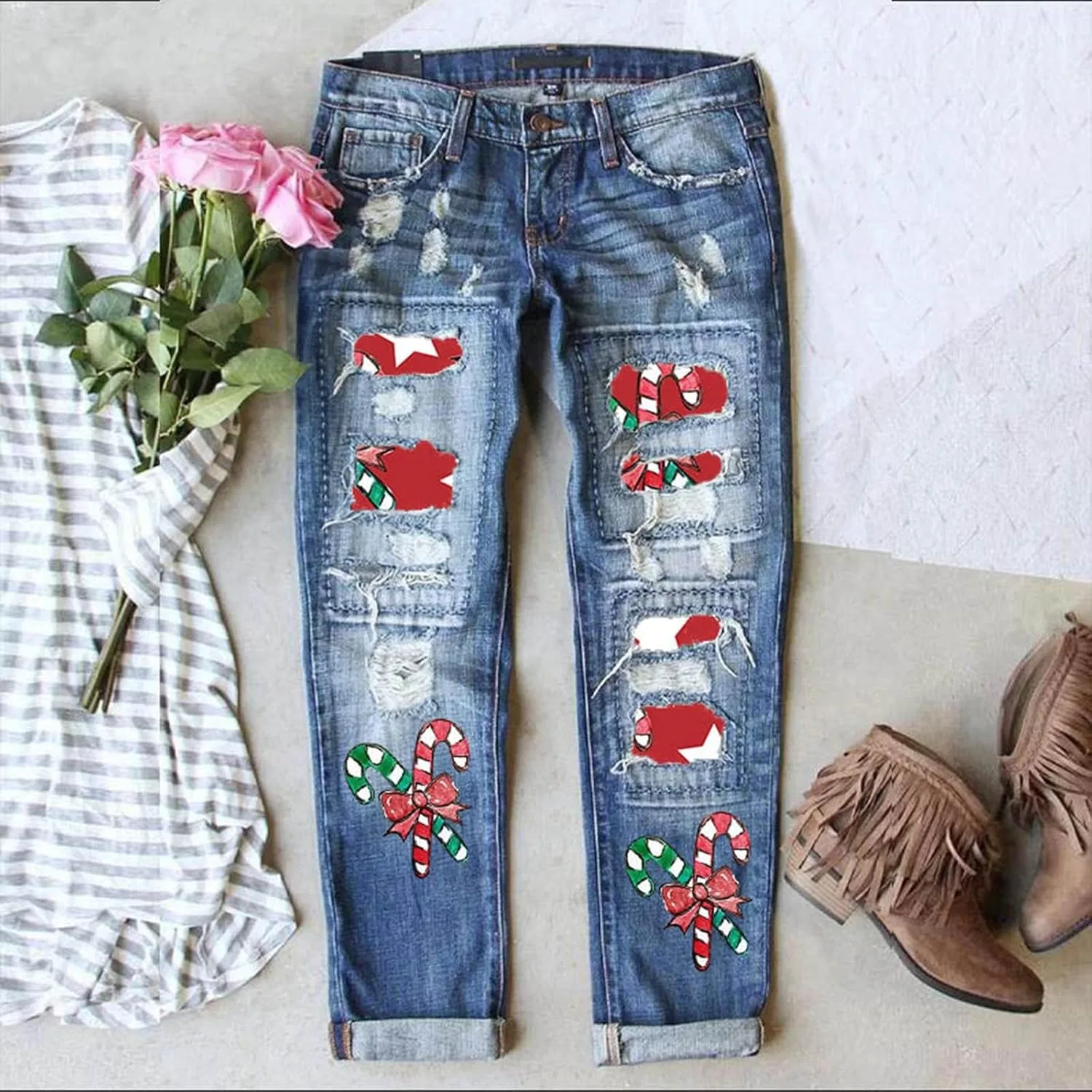 Джинсы рваные boyfriend, Christmas Patchwork, фиолетовый — фото 2