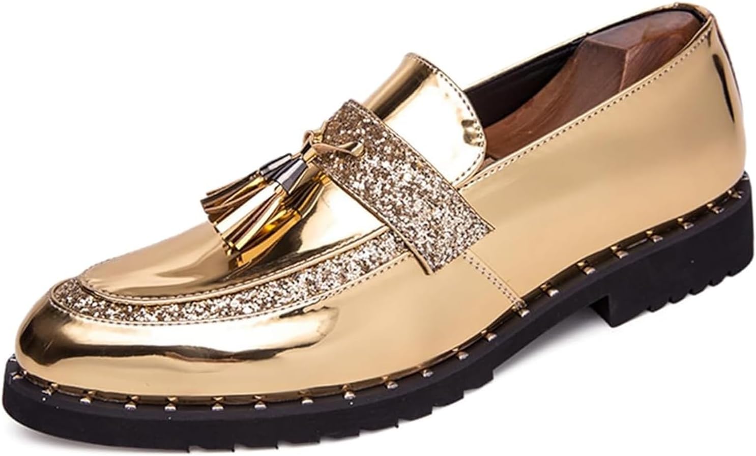 

Мужские лоферы BNWELK на платформе из мягкой кожи, слипоны с модной кисточкой, блестящая лакированная кожа, обувь для выпускного, свадьбы и вечеринок, удобные, нескользящие, деловые и повседневные классические туфли, золотой