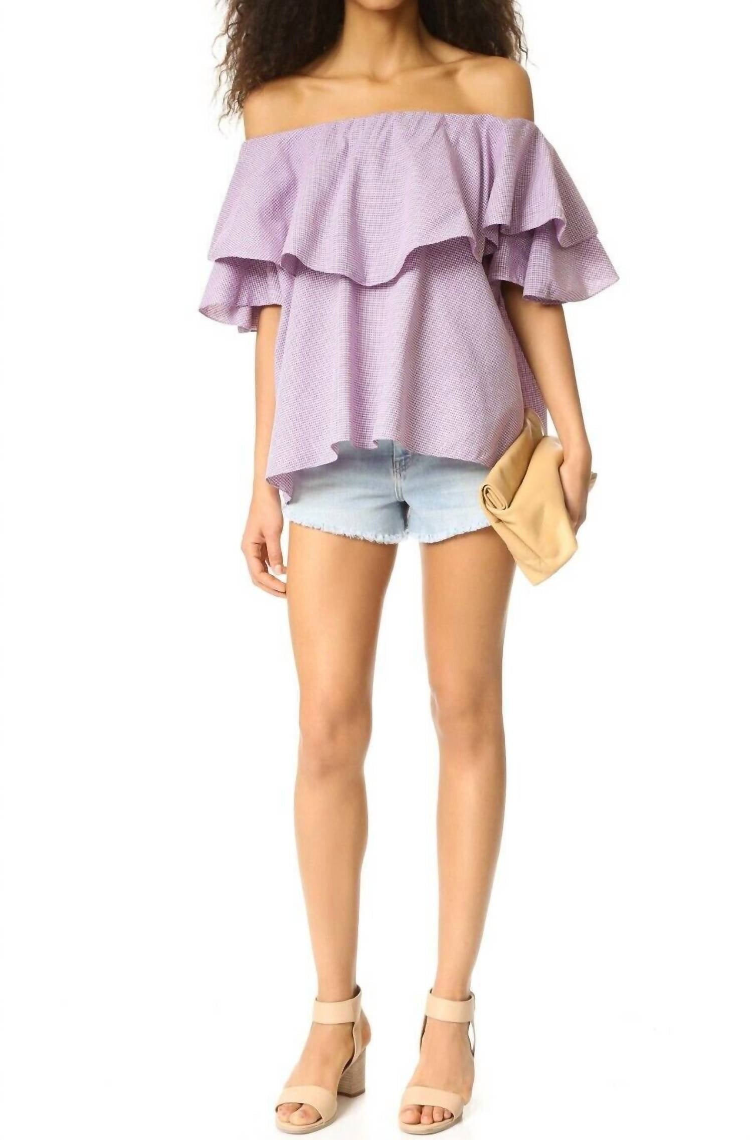 

Блузка с открытыми плечами и принтом в виде ягодной клетки Ruffle Berry Gingham фиолетового цвета MLM