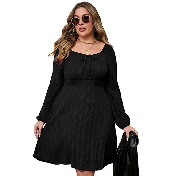 

Женское платье plus size с квадратным вырезом, длинными рукавами и завязкой спереди Seoria, Black