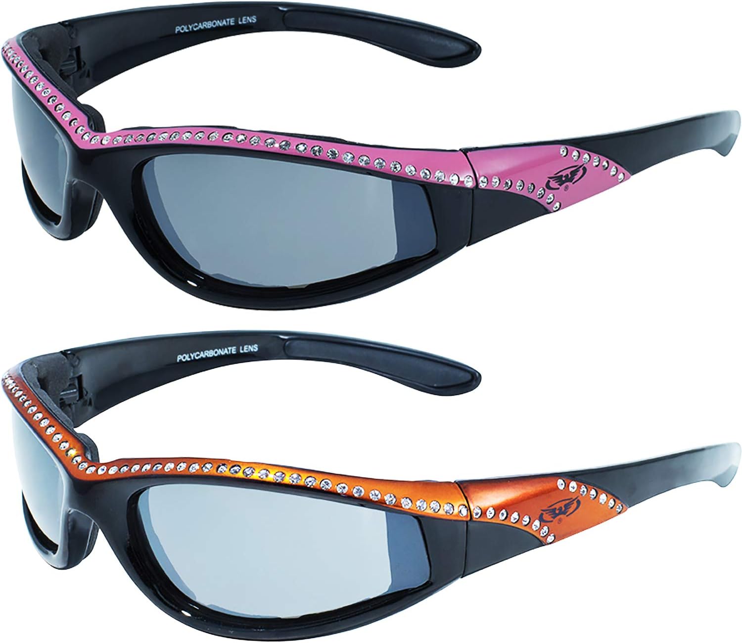 

Солнцезащитные очки Global Vision Eyewear Marilyn 11 для женщин, черные, мотоциклетные, 2 пары, оправа с розово-оранжевыми блестящими полосками, зеркальные линзы, Pink and Orange