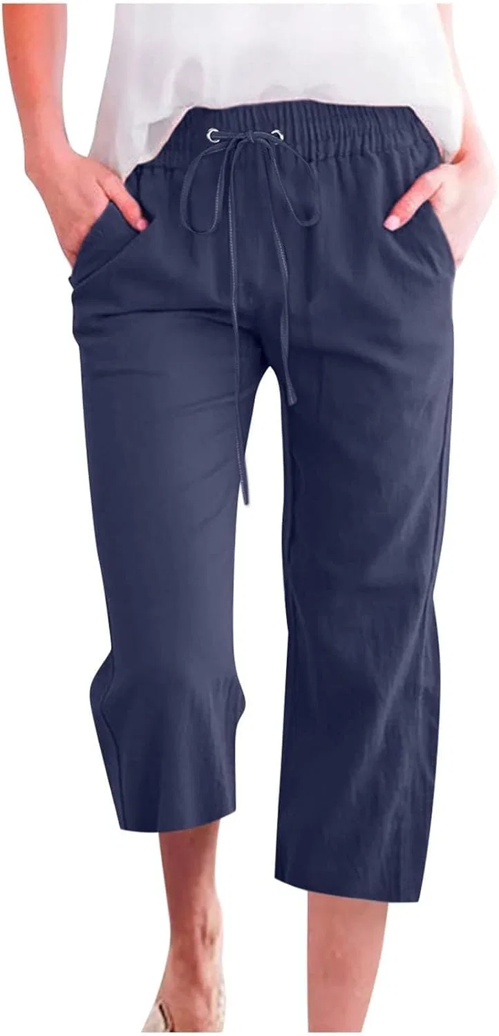 Брюки капри прямые с завязкой, Navy
