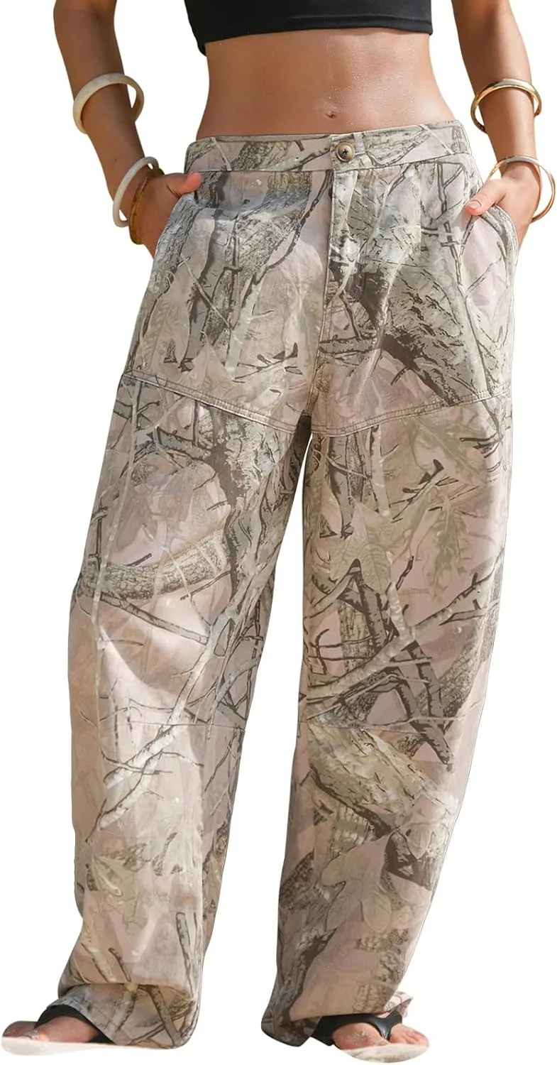 

EXLURA Женские 100% Cotton Camo Pants High Waisted Straight Leg Baggy Denim Trousers