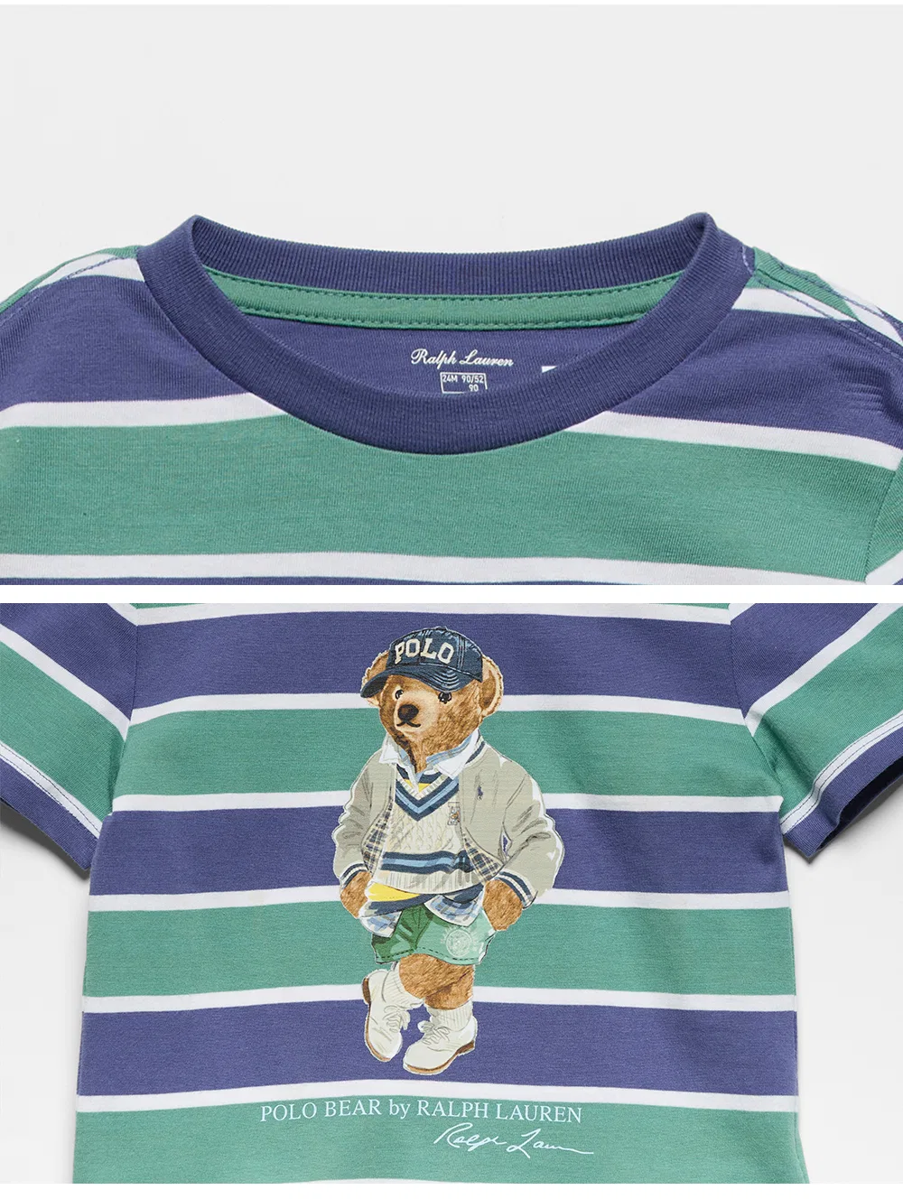 Детская футболка Polo Ralph Lauren Children с медведем и полосками, зелёная — фото 4
