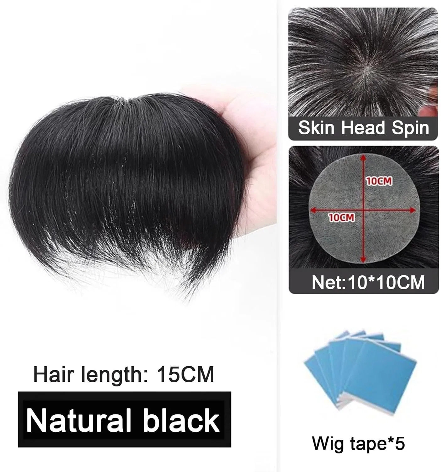Накладка на лысину V Premier Human Hair Patch Thin Skin, 10x10 см, длинна 15 см, черный, Zbyxpp — фото 2