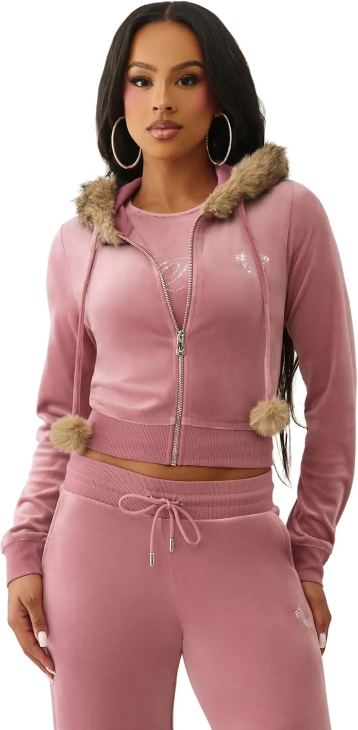 

True Religion Velour Crystal укороченная худи на молнии для женщин — кроп-фит, логотип Crystal Horseshoe