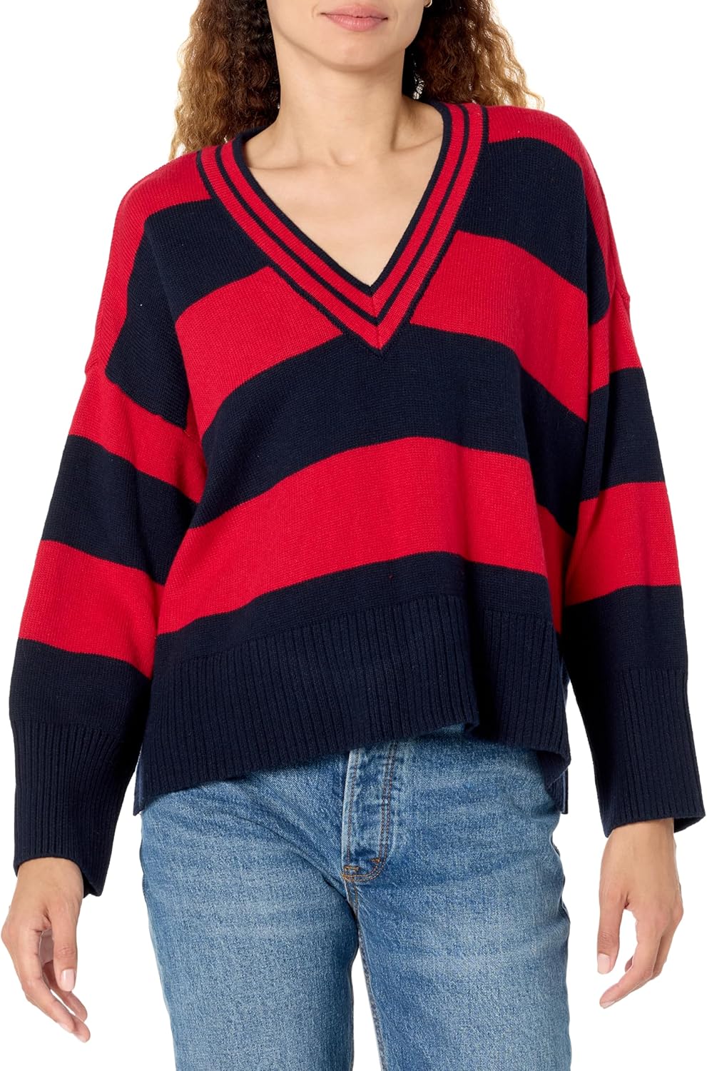 

Женский свитер Tommy Hilfiger с длинными рукавами и V-образным вырезом в полоску, Sky Captain/Scarlet