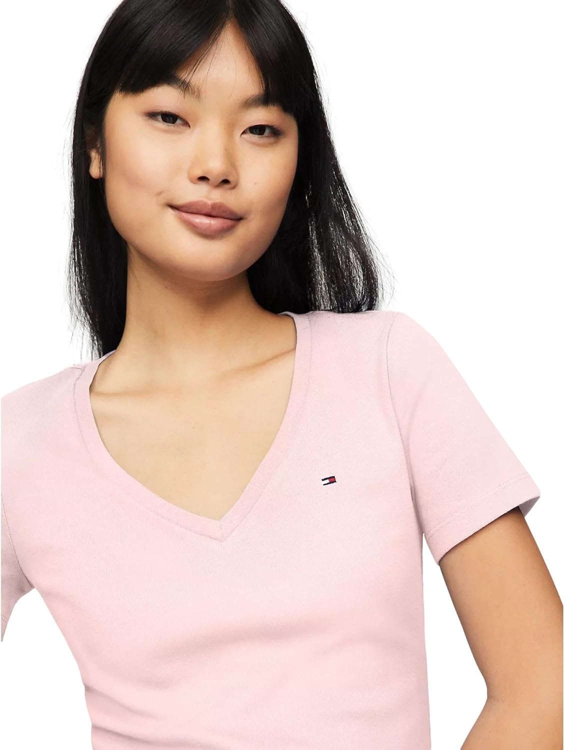 Футболка Tommy Hilfiger с коротким рукавом и V-образным вырезом Solid Cotton, морозный розовый — фото 3