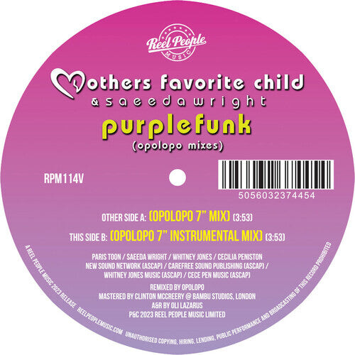 

Сингл 7" Mothers Favorite Child & Saeeda Wright: Purple Funk (Opolopo Remixes)