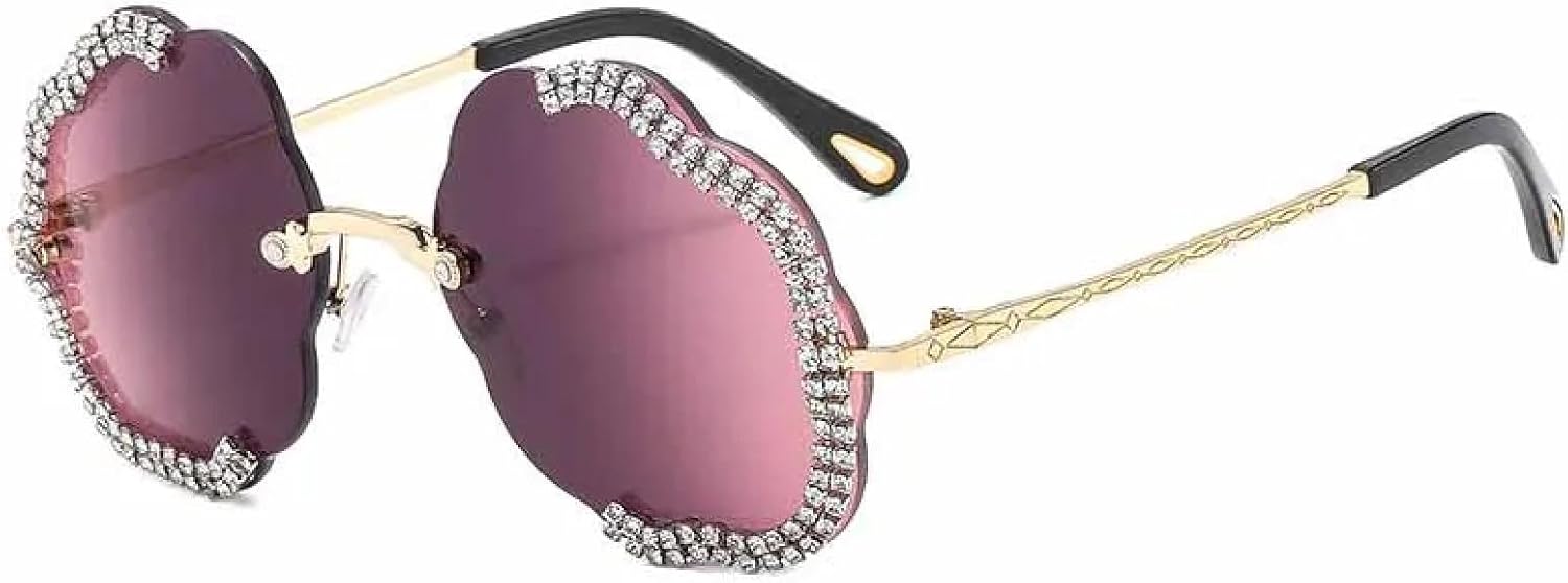 

Винтажные модные солнцезащитные очки без оправы с имитацией бриллиантов для мужчин и женщин. Модный тренд: хип-хоп, вечеринки, защита от УФ-излучения UV400 TKKTLLT, Gold Purple Pink