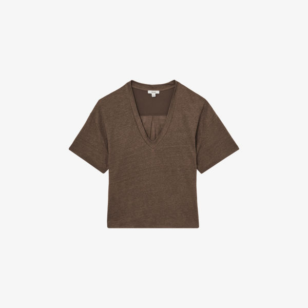 

Футболка льняная Reiss Ember с V-образным вырезом, коричневый