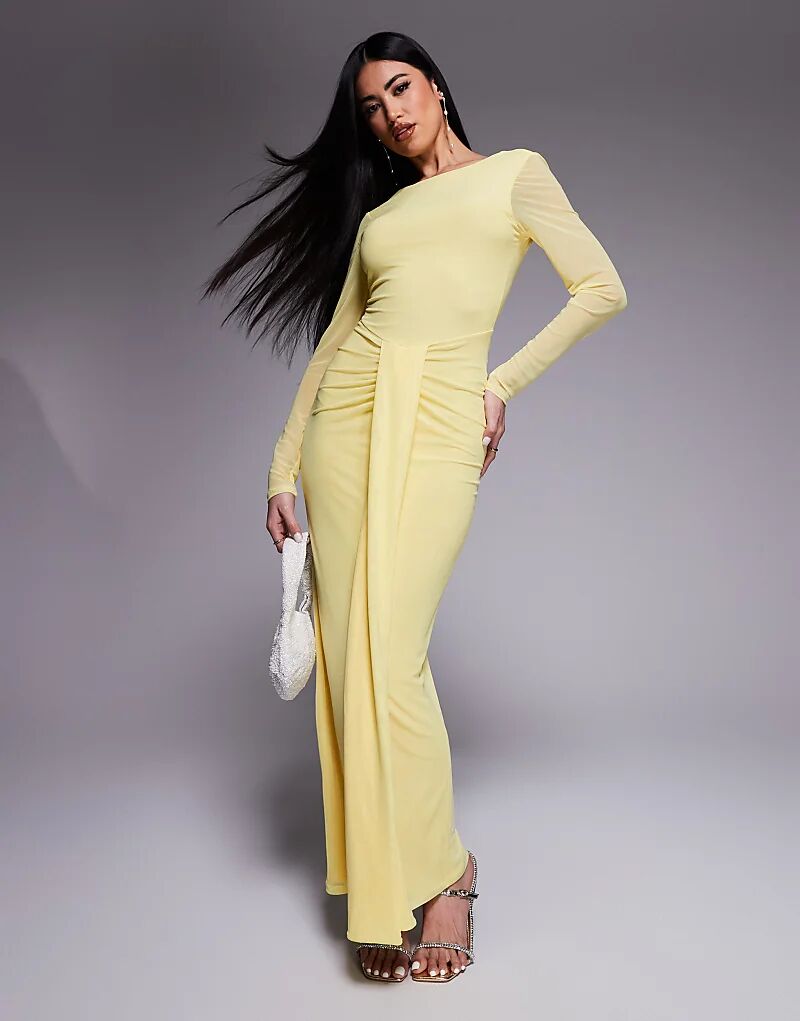 

Платье макси ASOS DESIGN из сетки с длинными рукавами, вырезом-лодочкой, открытой спиной и поясом пастельно-желтого цвета