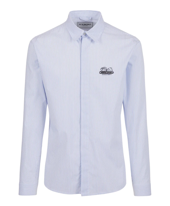 

Белая рубашка из поплина в синюю полоску, прямого кроя, с вышивкой в виде Снупи и металлизированными деталями. Iceberg, синий