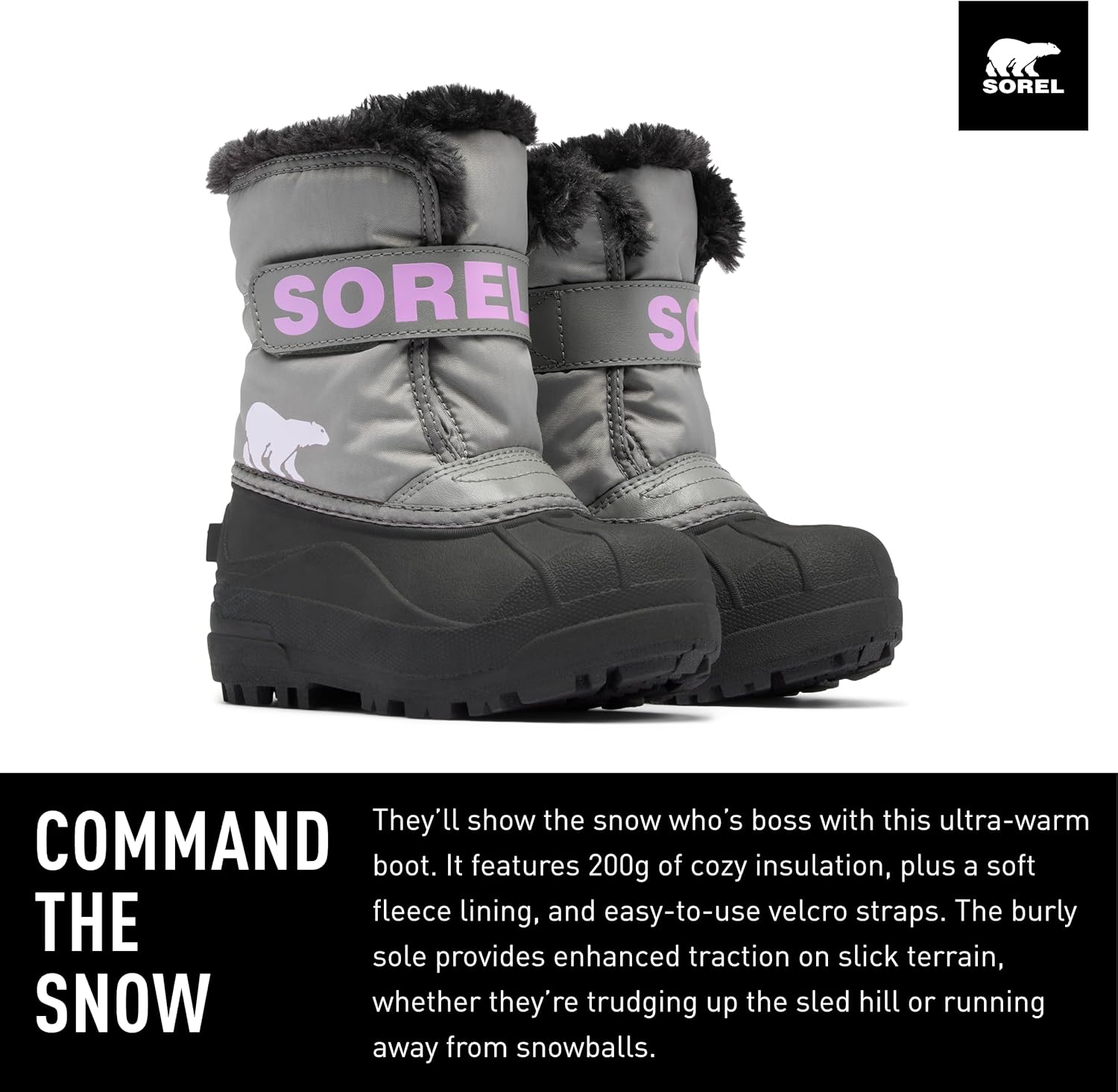 SOREL - Детские зимние ботинки Snow Commander для детей, Little Kid (4-8 Years) Chrome Grey/Euphoric Lilac — фото 2
