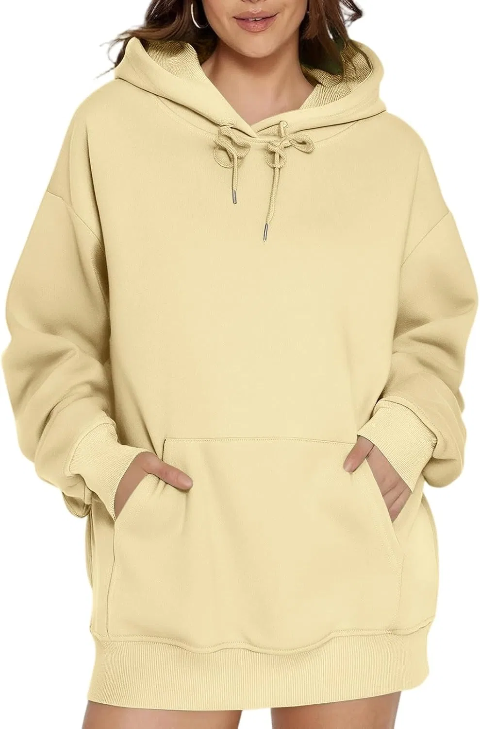 Женская толстовка оверсайз с капюшоном и карманами, Lightweight Fleece, Beige