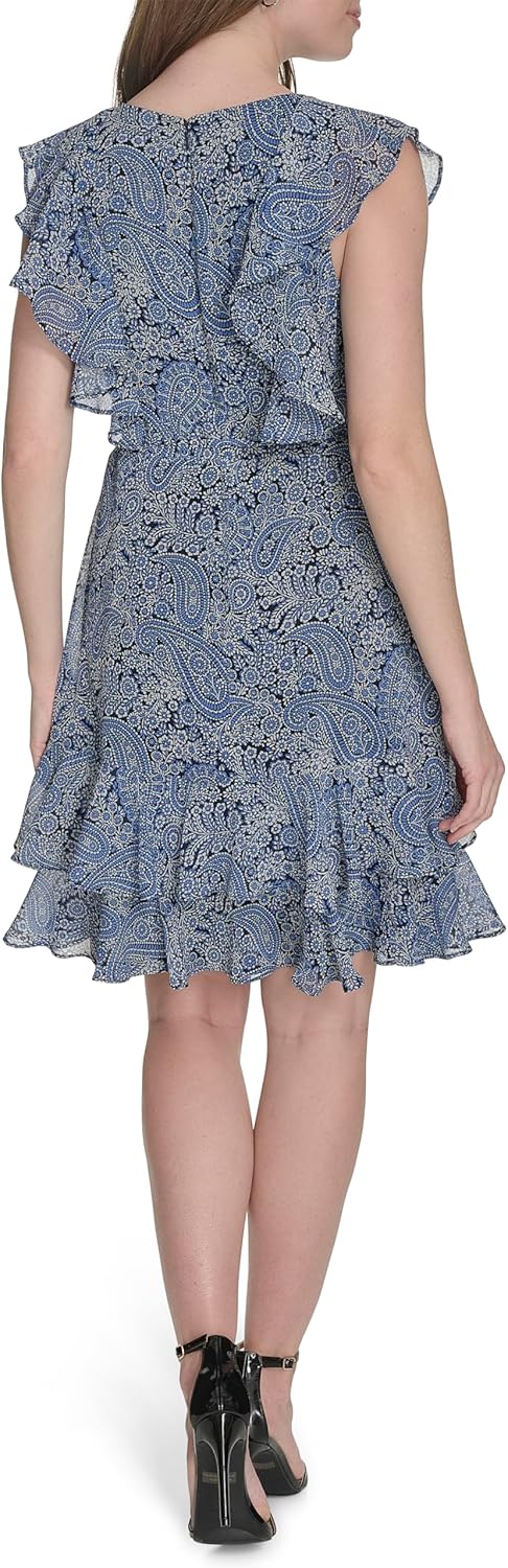 Женское шифоновое мини-платье Tommy Hilfiger с оборками и завязкой на талии, French Blue Multi — фото 4